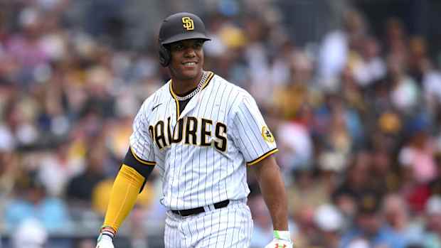 San Diego Padres OF Juan Soto reacts to out